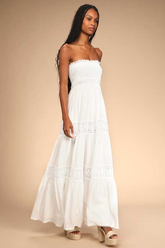 White Maxi Dress - Smocked Strapless ...